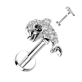 PiercedOff 316L Surgical Steel Labret with Clear CZ Paved Dolphin - Length 8mm Width 1.2mm
