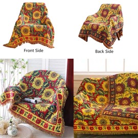 Red Sunflower Throw Blanket with Fringe Boho Throw Blankets Recliner Chair Couch Sofa Cover Woven Reversible Cotton Bohemian Tapestry Hippie Room Home Decor Double Side Red Yellow (71x51)