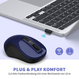 LeadsaiL Kabellose Maus, 1600DPI, 2,4 GHz mit USB-Empfänger, 4 Tasten, Leises Klicken und Scrollen, 15-Monate Akkulaufzeit, Kompatibilität mit Mehreren Geräten - Blau
