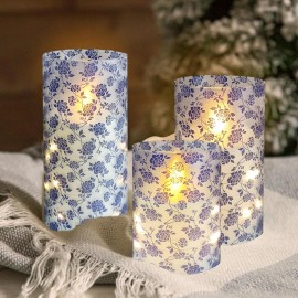 Vintage Blue Floral Print 3-Pack Flameless LED Pillar Candles 11-Key Remote Timer Star String Lights Battery Operated for Homecolor: Dark Blue, size: High:6" x 3" ;Medium:5" x 3" ;Low:4" x 3"