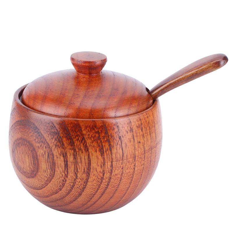 Wooden Spice Container, Salt Box with Lid, Spoon, Vintage Spice
