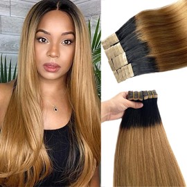 Ombre Yaki Tape in Hair Extensions, 18” 1B27 Natural Black to Honey Blonde Tape ins Human Hair Extensions for Women Light Yaki Invisible Tape in Hair Extensions Human Hair Seamless Hair Extensions