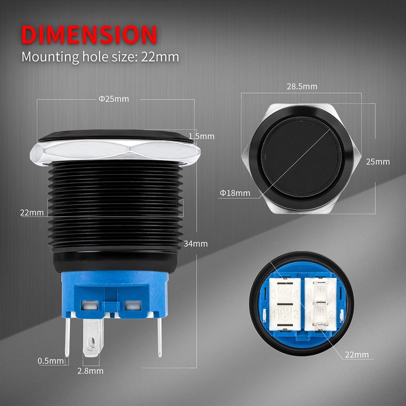 DaierTek - Interruptor de Botón Pulsador de 22 mm, Impermeable,
