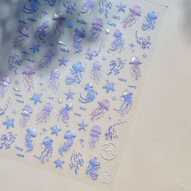 LIFOOST 5D Embossed Nail Decals Starfish Jellyfish Shell Nail Art Stickers Summer Ocean with Blue Shell Light Design
