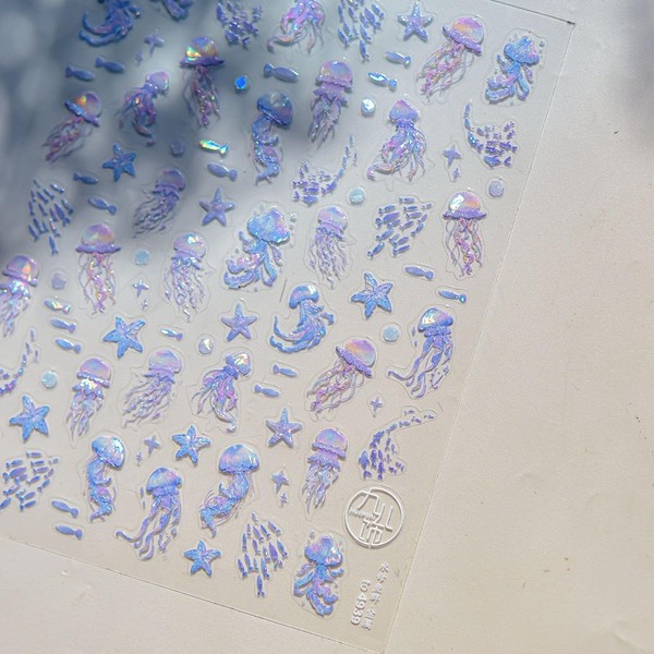LIFOOST 5D Embossed Nail Decals Starfish Jellyfish Shell Nail Art