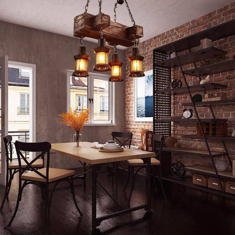 Farmhouse Lighting Industrial Rustic Wood Linear Island Pendant Light Chandelier