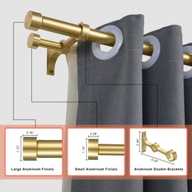 Lwiiom Double Curtain Rods with Aluminum End Cap and Full Surround Brackets,1"Front and 5/8" Back Rod,Adjustable between 72 to 144 Inches (6-12 Feet), Brass Double Window Drapery Rod