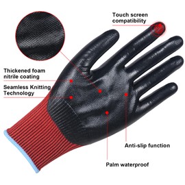HPHST Work Gloves, 12 Pairs Work Gloves Men Women with Nitrile Coating Gardening Gloves Touchscreen Work Gloves Protective Gloves for Assembly Work (Red, Small)