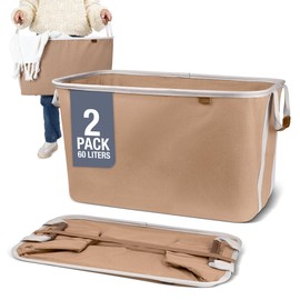 CleverMade Collapsible Laundry Basket LUXE 2 Pack – 60L (16 Gal) Foldable Cotton Blend Clothes Hamper with Vegan Leather Accents, Reinforced Handles, Space Saving Laundry Bin Holds 55 lbs - Mocha