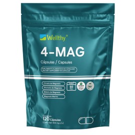 Wellthy 4-MAG Magnesio Complex 120 Cápsulas. Equivalente a 360mg de Magnesio. Citrato de Magnesio, Glicinato de Magnesio, Malato de Magnesio y Magnesio Marino, Cápsulas Veganas, Bottle Free.