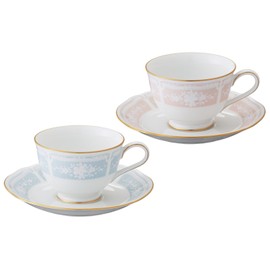 Noritake ノリタケ カップ & ソーサー ( 色変り ペアセット ) ( コーヒー ティー 兼用) 220cc レースウッドゴールド 2客 ブルー ・ ピンク ファインポーセレン Y6578A/1507-14
