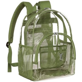 PACKISM Clear Backpack - 17 inch Large Clear Backpacks for School Girls, Heavy Duty Clear Bookbag for Student, Transparent PVC See Through Backpack for College Work, Army Green (for age 12 above)