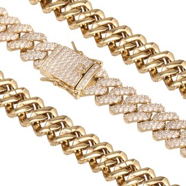 PY BLING 12mm Mens Women Heavy Iced Out Miami Cuban Link Chain or Bracelet 14K Gold White Rose Gold Plated CZ Lab Diamond Hip Hop Jewelry Necklace Choker with Gift Box (14k,20in)