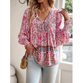 PHLCEhot Women Long Sleeve Tunic Tops Floral Boho Loose Chiffon Pullover Blouse Pink