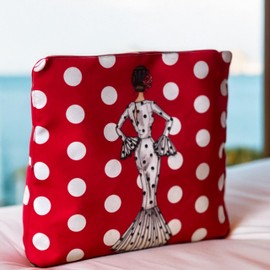 Flamenca Kosmetiktasche "Weiße Maria" – doppelseitiges Design – roter Hintergrund mit weißen Punkten – 25 x 26 cm – wasserdicht – Kulturbeutel für Damen oder Reisen, rot, 25cm x 26cm, Flamingo