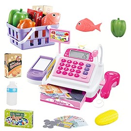 34PCS Caja registradora Juguetes para niñas Juegos de imaginación Supermercado Tienda Juguetes Caja Escáner Juguetes con Sonidos y Juegue Comida, Dinero, Juguetes de supermercado y más