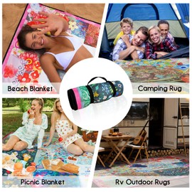 Cuslnox Picnic Blankets Waterproof Foldable Extra Large,80"x 60" Outdoor Beach Blanket Waterproof Sandproof,3-Layer Lightweight Handy Mat Tote Picnic Camping Rugs for Outside Your Rv(Boho Flowers)