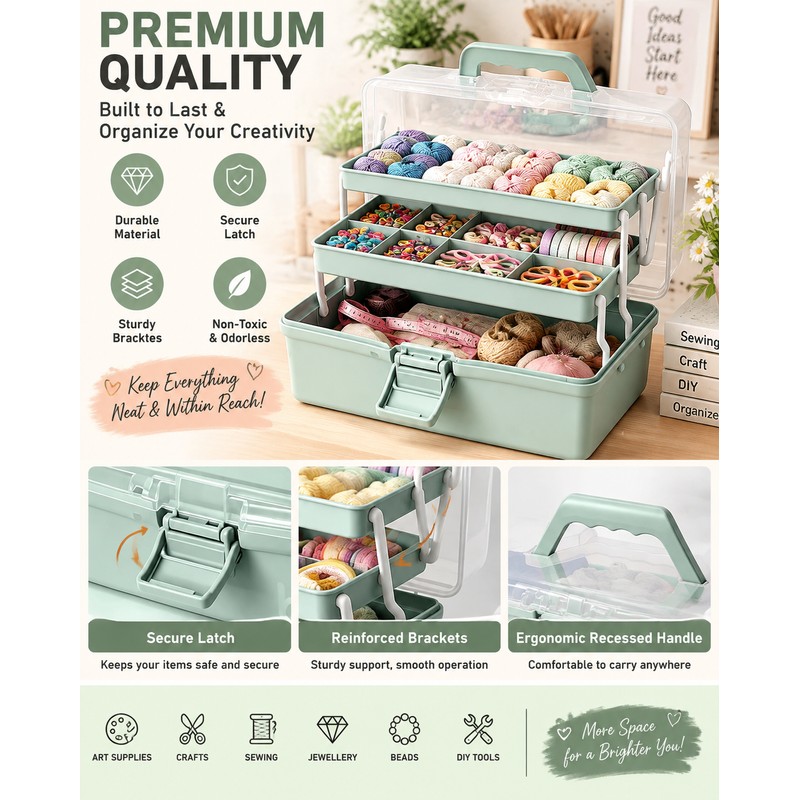 3-Layer Plastic Storage Organizer with Adjustable Dividers – Portable Craft