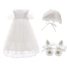 Glamulice Flower Baby Girls Holiday Dress White 12-16 Elegant Lace Cap Infant Baptism Christening Dresses Floral Embroidered Newborn First Birthday Wedding Party Pageant Formal Event Tulle Gown 12M