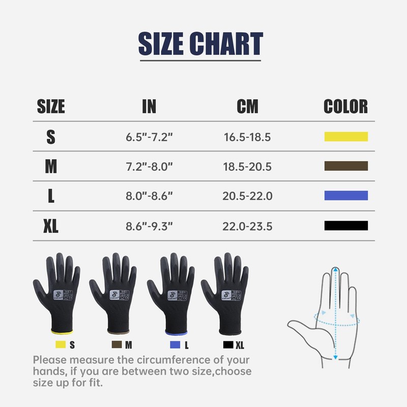 HANDLANDY 6 Pairs PU Coated Nylon Black Protective Work Gloves,