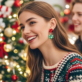 Met-edianger Christmas Earrings Red Green Bow Earrings Statement Earrings Xmas Bow Knot Drop Dangle Earrings Holiday Festival Earrings for Women