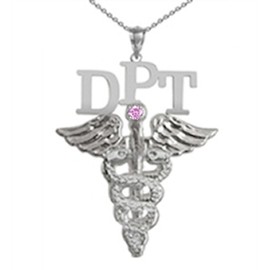 NursingPin.com Doctor of Physical Therapy DPT Necklace with Pink Sapphire in Silver