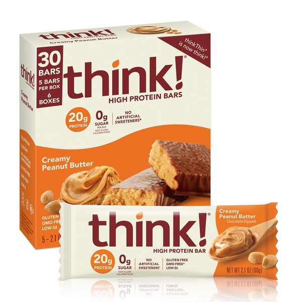 think! Protein Bars, High Protein Snacks, Gluten Free, Sugar Free Energy Bar with Whey Protein Isolate, Creamy Peanut Butter, Nutrition Bars without Artificial Sweeteners, 2.1 Oz (30 Count)