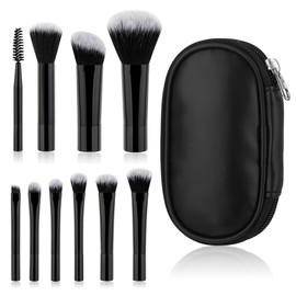 DIVINA VITAE 10 Pcs Travel Makeup Brush Set Black Mini Makeup Brushes with Makeup Brush Pouch Portable Travel Size Makeup Brushes Professional Cosmetic Brush for Foundation Brush Blush Powder Eye Shadow Cosmetics