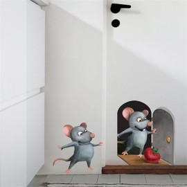 WOHAHA Wall Sticker, Black Cat, Mouse Hole, Strawberry, Wall Sticker, Stylish, Cute, Animal, Cat, Rat, Funny Sticker, 3D Dimensional, Removable Wallpaper, Waterproof, Wall Sticker, Room Wall