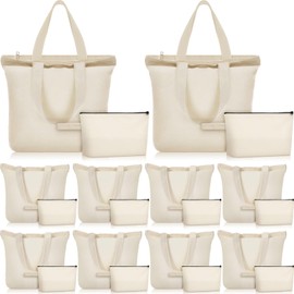 Silkfly 20 Pcs Tote Bag with Zipper, Cotton Canvas Makeup Bag Kitchen Reusable Grocery Bags Blank Canvas Totes with Handles (Beige)