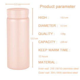 Small Flask, Cute Water Bottle, Vacuum Insulated Flask for Hot & Cold Drink, Keep 12H Hot & 6H Cold (Pink, 200ml)