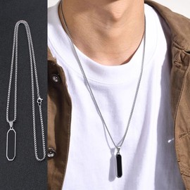 WASAIE Black Agate Pendant Necklace for Mens, Silver Tag White Gold Plated Stainless Steel Necklace Rectangle Long Pendant Womens Necklaces Chain 27inch