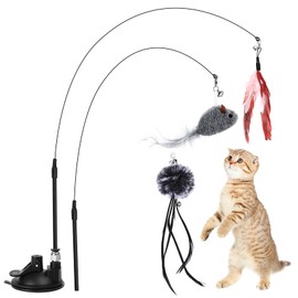2 Pcs Cat Toys, Cat Interactive Toys for Indoor Cats, Cat Feather Toys, Cat Fishing Rod Toys, Cat Wand Toys Interactive Stimulating for Cats Kitten, with Suction Cup + 3 Refill Flying Cat Bird Toys