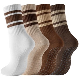 BISOUSOX Pilates Socken Damen Antirutsch Yoga Socken Rutschfest 4 Paare Stoppersocken für Yoga Fitness Weiß Braun Streifen Pilates Geschenke für Schwangere Frauen