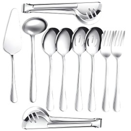 NEXNEOM Serving Utensils Set Silver 10-Piece - Stainless Steel Stunning Mirror-Finish, Lightweight, Dishwasher Safe - Includes Slotted Spoons, Forks, Tongs, Ladle, and Pie Server for buffet & parties