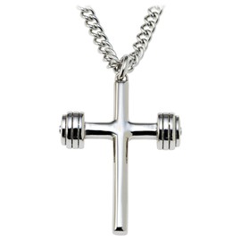Shields of Strength Men's 14K Gold Plated and Stainless Steel Fitness Gym Dumbbell Cross Pendant Necklace Inscribed with John 19:30 Bible Verse - Christian Gifts