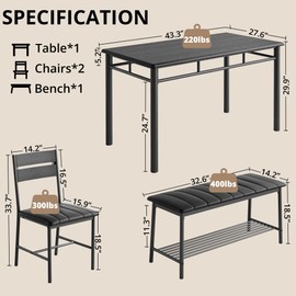IRONCK Dining Table Set for 4, Kitchen Table with Upholstered Bench and 2 Chairs, Kitchen Table and Chairs Set for Small Space, Apartment, Black
