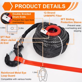 RUHUO Synthetic Winch Rope Kit, 3/8" x92' Winch Cable with Protective Sleeve, Heavy-Duty Winch Hook, Winch Accessories for Off-Road SUV, UTV, ATV (Black&Red, 3/8" x92')