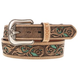 HOOEY Men's Leather Hand Tooled Filigree Cutout Belt Tan 34