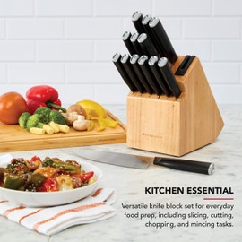 KitchenAid Classic Step Knife Block Set with Built-In Knife Sharpener, High Carbon Stainless Steel Kitchen Knives, Sharp Kitchen Knife Set with Block, 14-Piece, Natural