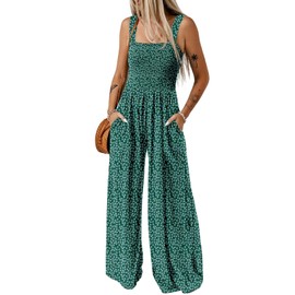 Dokotoo Jumpsuit Women's Summer Floral Pattern Dungarees Casual Loose Overalls Wide Leg Playsuit Long Romper with Pockets S-2XL, Green