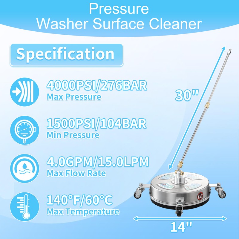 Tool Daily 14” Pressure Washer Surface Cleaner, Stainless Steel Driveway