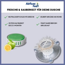 Drain Fee refill set shower with 4 scented stones apple-lemon and 4 hair catchers. Cleaning stones for drains of any kind, quick and easy replacement.