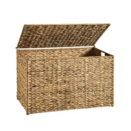 MOORLITER Water Hyacinth Storage Basket with Lid, 27.7 Gallon (105L) Blanket Storage Basket with Handles, Woven Storage Bin, Foldable, Metal Frame, for Bedroom, Laundry Room, Natural
