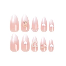 24Pcs Almond Press On Nails，Almond Shaped Press On Nails，Almond Nails Press On Long Almond Nails Ombre White Fake Nails with Bow and Pearl charm Designs Artificial Nails Stick on Nails For Women