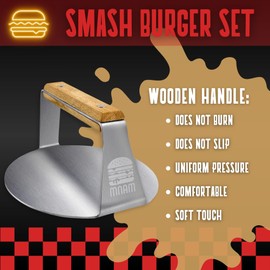 mnam Smash Burger Press – Burger Smasher - Burger Spatula with Wooden Handle in Stainless Steel Set – Burger Press for Meat – Grill Griddle Kit – Professional Smasher Meat