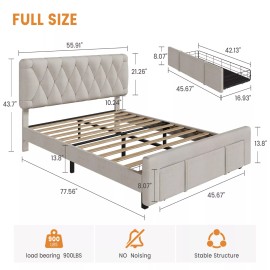 Jojoka Full Queen King Size Upholstered Platform Bed Frame with Storage Drawers - Beige, Full