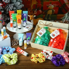 Sacubee 24 Sets120 pcs Hand Cream and Lip Balm Gift Set for Women Hand Lotion with Organza Bag Elastic Hair Band and Thank You Cards for Bridal Shower Wedding Guests Gift Supplies (Christmas,Colorful)