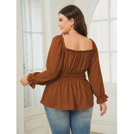 SHESTARR Womens Plus Size Tops Square Neck Long Sleeve Blouse Babydoll Ruffle Peplum Smocked Summer Top Rust