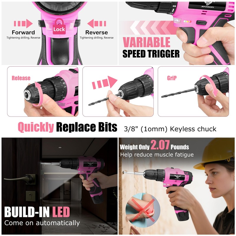 JENABOM Pink Tool Set - 12V Cordless Drill Kit, 151